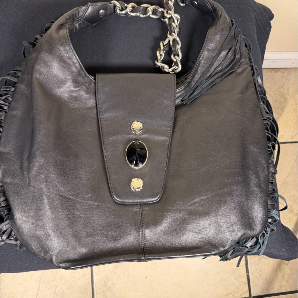 Western fringe Black Leather Hobo Bag, boho, bohochic, - Picture 8 of 8